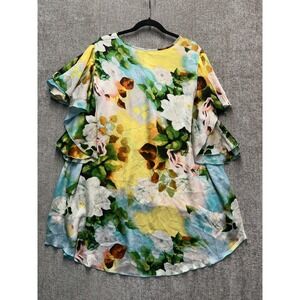 Melissa McCarthy Floral Layered Chiffon Blouse Ruffle Sleeve 3X Yellow Blue